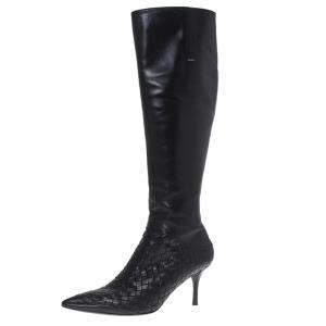 Pre Owned Bottega Veneta Black Intrecciato Leather Knee Boots Size 36