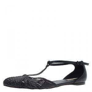 Pre Owned Bottega Veneta Black Woven Leather T Strap Ballerina Flats Size 39