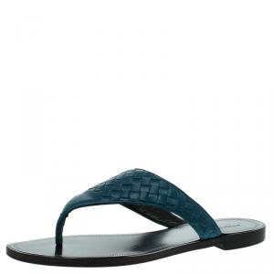 Pre Owned Bottega Veneta Peacock Blue Intrecciato Leather Flat Sandals Size 41