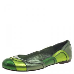 Pre Owned Bottega Veneta Green Metallic Leather Ballet Flats Size 38