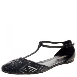 Pre Owned Bottega Veneta Black Woven Leather T Strap Ballerina Flats Size 39