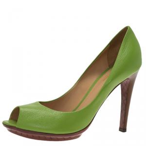 Pre Owned Bottega Veneta Green Leather Peep Toe Pumps Size 40.5