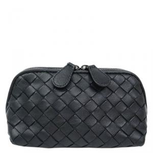 Pre Owned Bottega Veneta Black Intrecciato Woven Nappa Leather Cosmetic Pouch