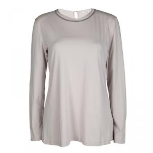 Brunello Cucinelli Grey Cotton Embellished Neck Detail Long Sleeve Top XXL