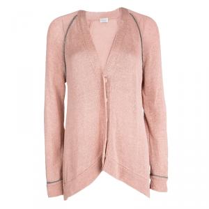 Brunello Cucinelli Pink Cotton Knit Beaded Trim Detail High Low Cardigan L