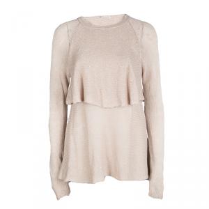 Brunello Cucinelli Beige Sequinned Knit Layered Long Sleeve Sweater L