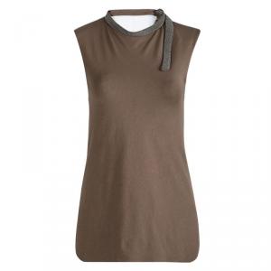 Brunello Cucinelli Brown Jersey Embellished Neck Detail Sleeveless Top S