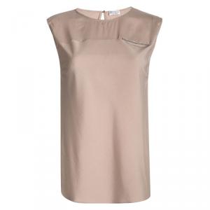 Brunello Cucinelli Beige Silk Bead Detail Sleeveless Top L