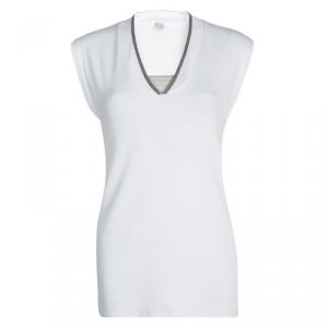 Brunello Cucinelli White Rib Knit Beaded Neckline Detail Sleeveless Top 3XL