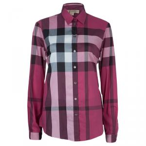 Pre Owned قميص بربري كم طويل كاروهات نوفاتشيك أزرار أمامية قطن وردي M