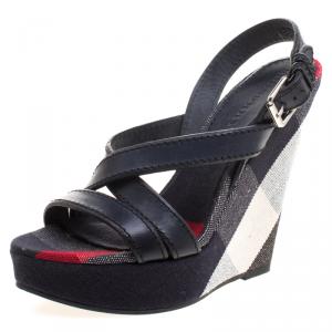 Burberry Blue Leather and Check Canvas Warlow Platform Wedge Sandals Size 40