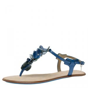 Pre Owned Burberry Blue Patent Flower Detail Ankle Strap Flat Sandals Size 38