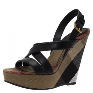 Burberry Beige Novacheck Canvas and Black Leather Warlow Platform Wedge Sandals Size 40