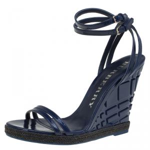 Burberry Blue Patent Hassendean Criss Cross Wedge Sandals Size 40