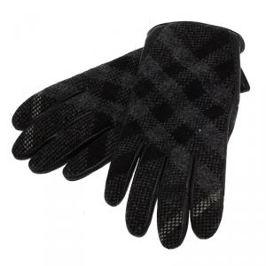 Pre Owned Burberry Black Check Print Leather and Wool Gloves
