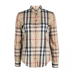 Pre Owned Burberry Brit Beige Novacheck Long Sleeve Buttondown Cotton Shirt XS
