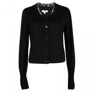 Pre Owned Burberry London Black Merino Wool Check Detail Cropped Button Front Cardigan M
