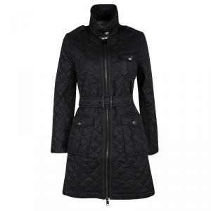 Pre Owned Burberry London Black Diamond Quilted Zip Front Belted Long Jacket XS