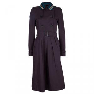 مملوكة مسبقًا Burberry Prorsum Purple Contrast Beaded Crochet Collar Detail Belted Trench Coat S