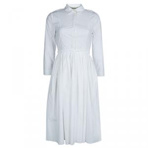 Pre Owned Burberry White Cotton Gathered Long Sleeve Shirt Dress S