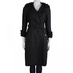 Pre Owned Burberry Black Bead Embellished Belted Trench Coat S