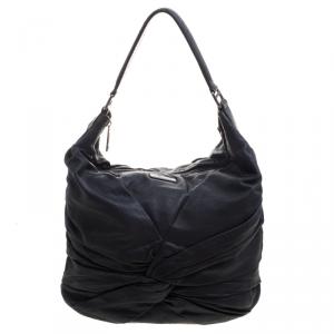 Pre Owned Burberry Black Leather Ruched Hobo