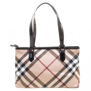 Pre Owned Burberry Beige/Black Nova Check Vinyl Nickie Tote