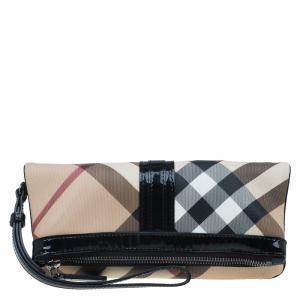 Pre Owned Burberry Black/Beige Nova Check Coated Canvas Foldover Clutch