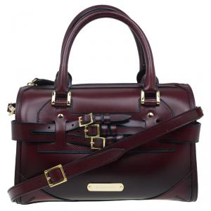 Pre Owned Burberry Burgundy Bridle Leather Belted Bowling Bag