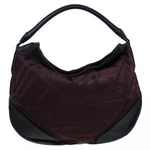 Pre Owned Burberry Burgundy Tonal Check Nylon Medium Maskell Hobo
