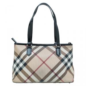 Pre Owned Burberry Beige/Black Nova Check Coated Canvas Nickie Tote