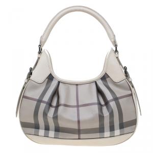 Pre Owned Burberry Grey Nova Check Coated Canvas Small Brooklyn Hobo