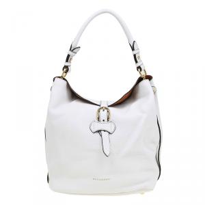 Pre Owned Burberry White Leather Buckle Detail Hobo