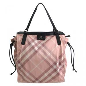 Pre Owned Burberry Pink Check Nylon Buckleigh Medium Packable Tote