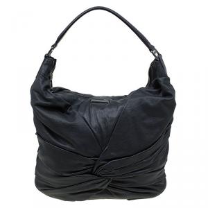 Pre Owned Burberry Black Leather Ruched Hobo