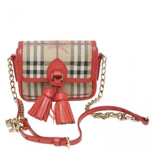 Pre Owned Burberry Coral Haymarket Check Coated Canvas/Leather Tassel Mini Chain Crossbody Bag