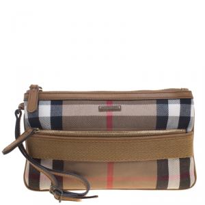 Pre Owned Burberry Beige/Brown House Check Fabric Wristlet Clutch