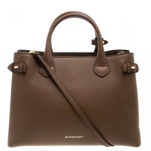 Pre Owned Burberry Brown Leather House Check Canvas Medium Banner Tote