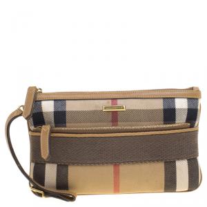 Pre Owned Burberry Light Brown House Check Fabric Wristlet Clutch
