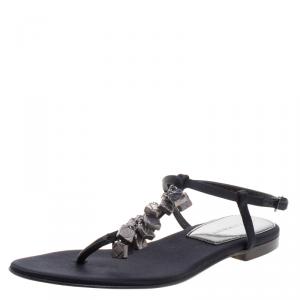 Burberry Black Embellished Satin Thong Sandals Size 40