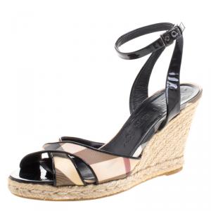 Pre Owned Burberry Black Patent Leather and Novacheck Canvas Espadrille Wedge Sandals Size 38