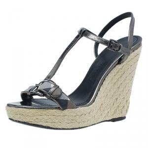 Pre Owned صندل بربري جلد رمادي ميتا لك تشيك إسبادريه نعل روكي مقاس 38