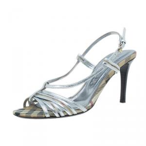 Pre Owned Burberry Silver Leather Check Detail Strappy Sandals Size 39