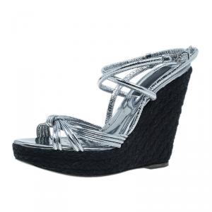 Pre Owned Burberry Silver Knotted Leather Espadrille Wedge Sandals Size 39