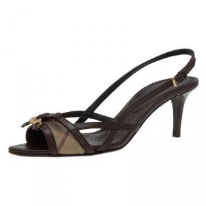 Pre Owned Burberry Brown Novacheck Canvas and Leather Slingback Sandals Size 38