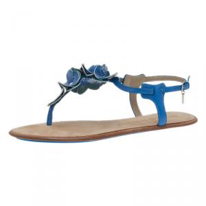 Pre Owned Burberry Blue Leather Flower Detail Ankle Strap Flat Sandals Size 38