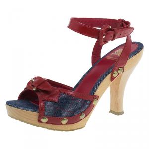 Burberry Red Leather and Denim Buckle Detail Sandals Size 36