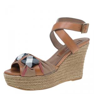 Pre Owned Burberry Brown Leather and Novacheck Canvas Espedrille Wedge Sandals Size 38