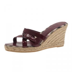 Pre Owned Burberry Red Patent Leather Espadrille Wedge Slides Size 38
