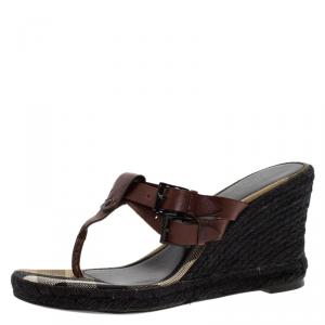 Pre Owned Burberry Brown Leather Thong Espadrilles Wedges Size 38